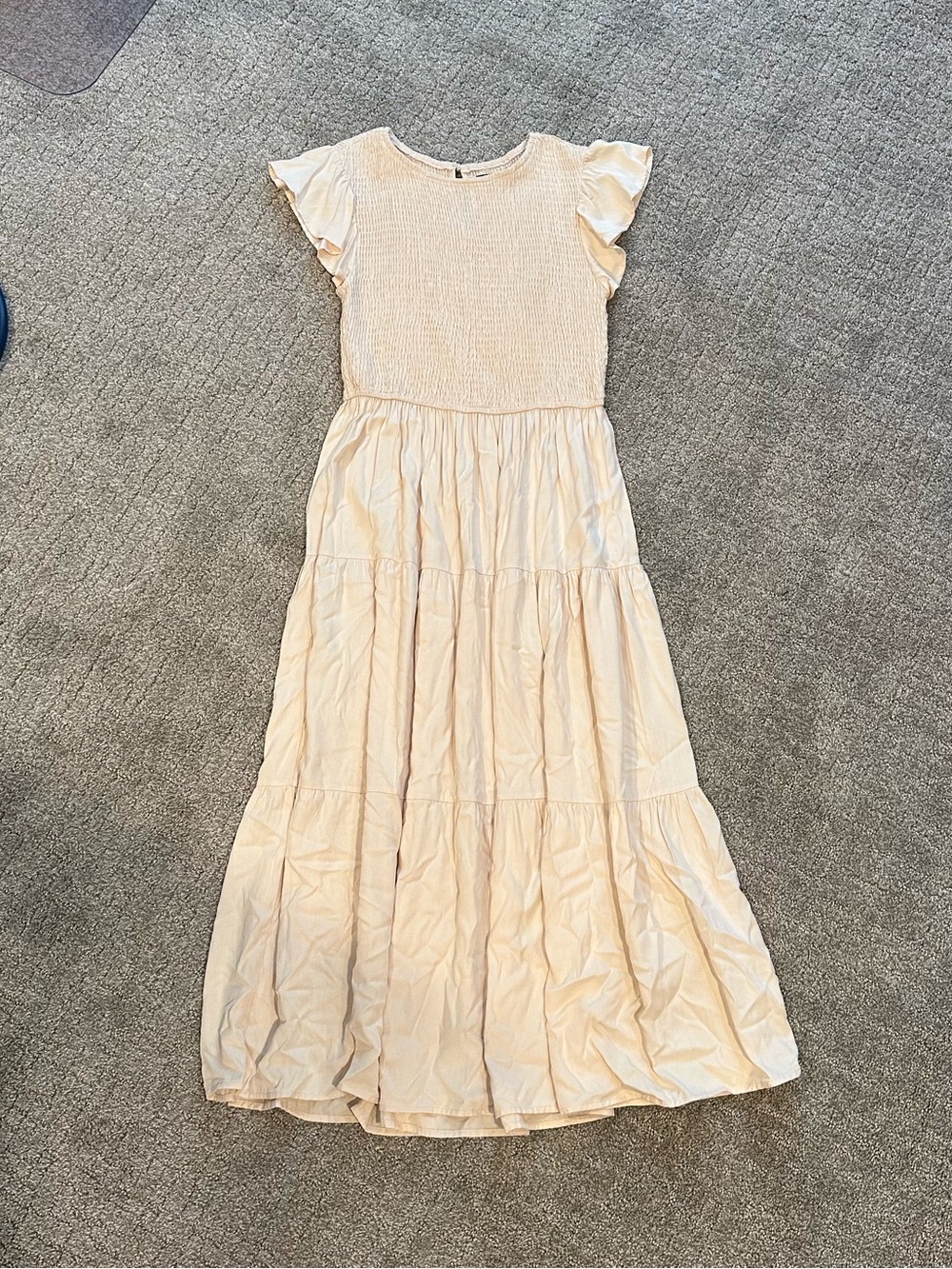 Women's Cream Smocked Bodice Maxi Dress with Flutter Sleeves - Picture 1 of 2
